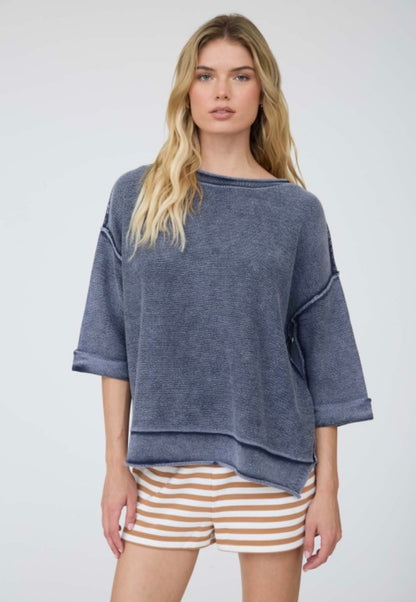 WASHED INVERTED SEAM SHORT SLEEVE SWEATSHIRT