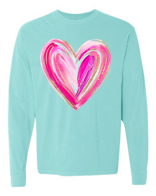 Teal Watercolor Heart Long Sleeve Tee