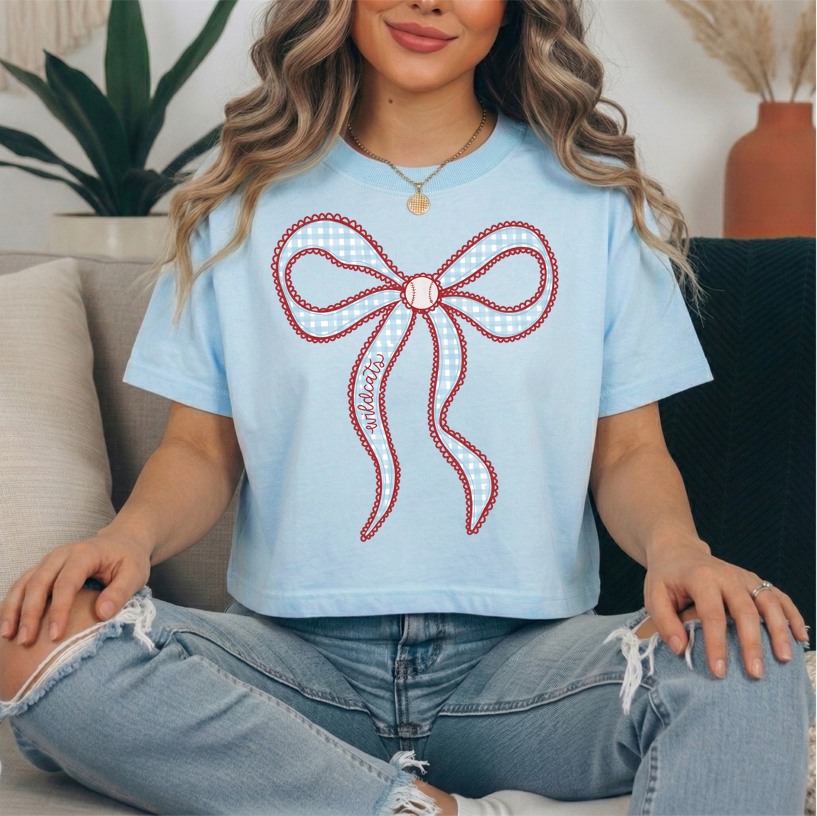 Wildcats Gingham Baseball Bow Tee
